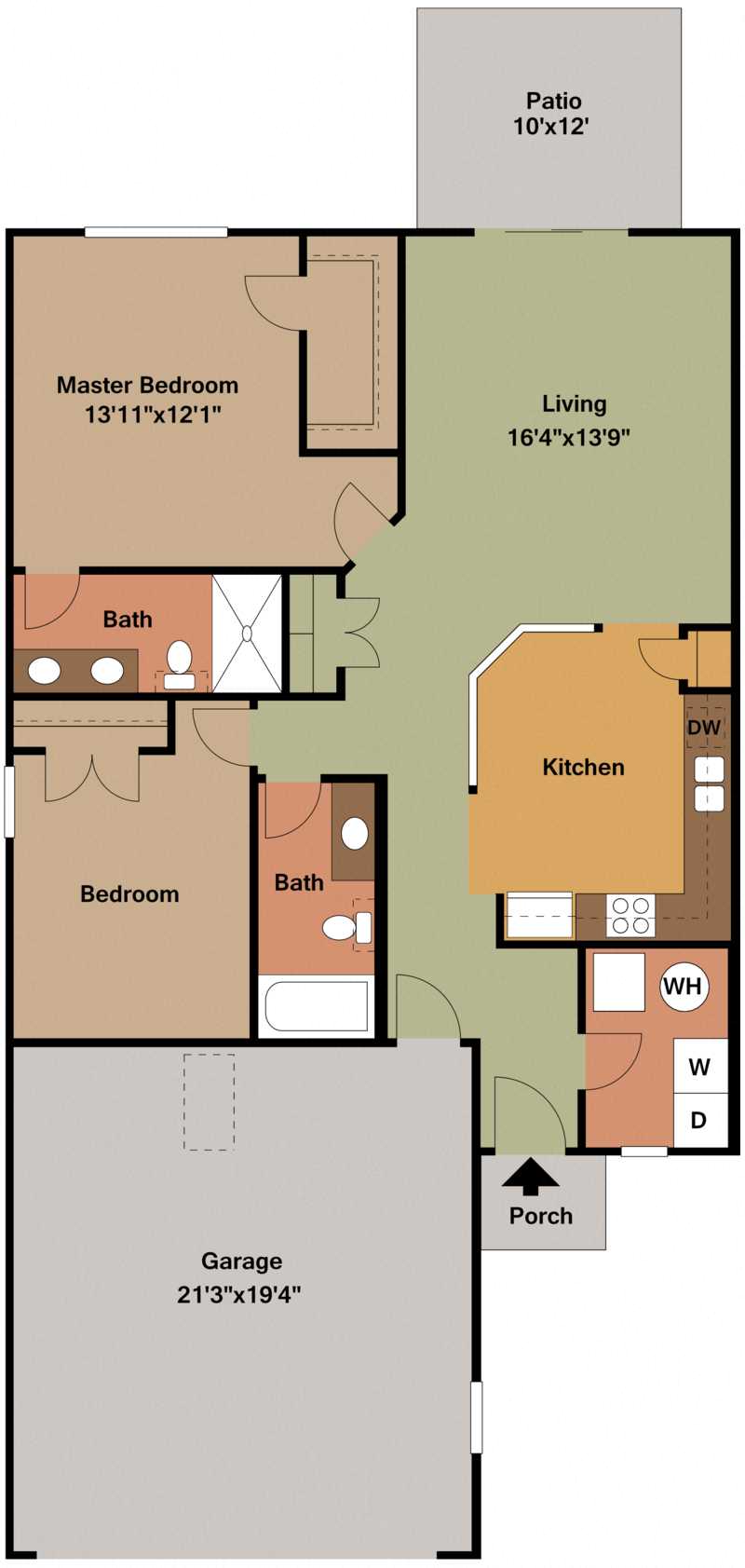Floor plan for 2 beds, 2 baths, 1082 sqft